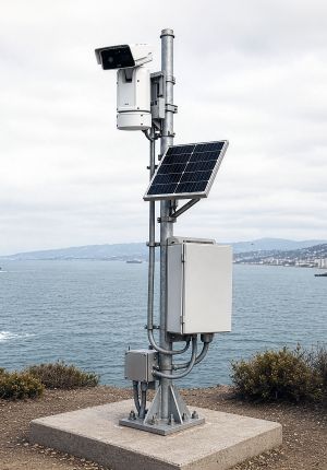 Solar-powered coastal surveillance tower mounted on a galvanized steel pole, featuring a pan-tilt-zoom camera, solar panel, and equipment enclosure overlooking the ocean.
