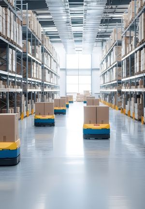 Interior of a bright modern warehouse aisle with tall stocked racking and several blue-and-yellow autonomous mobile robots carrying cardboard boxes.