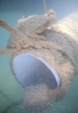Underwater close-up of a barnacle-encrusted cylindre.