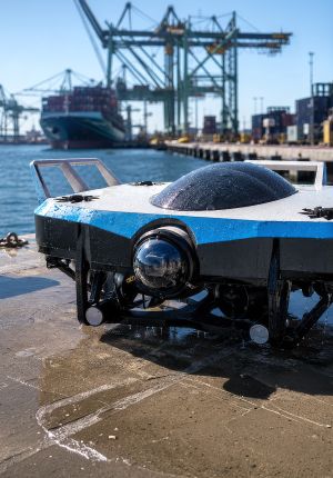 Blue and black underwater ROV with a dome-shaped camera housing sitting on a concrete pier, with a container ship and gantry cranes in the background.
