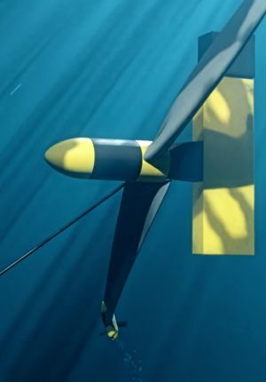 Underwater render of a tethered subsea tidal or ocean current turbine with a yellow and dark nacelle and long blades, sunlight filtering down.