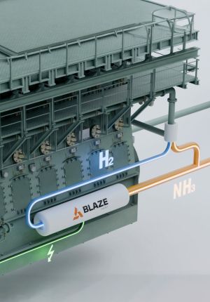 3D render of a large marine engine with Blaze Energy's cylindrical module attached, showing a blue H2 line and orange NH3 line feeding in and a green power output glowing beneath.