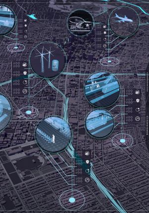 Dark digital city map overlay with circular callouts showing wind turbines with hydrogen storage, an air taxi, an aircraft, transit platforms, and pedestrian infrastructure, connected to data panels.