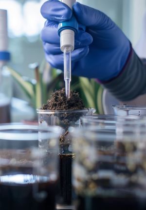 A gloved hand using a pipette to dispense liquid into a soil sample sitting in a clear plastic cup, with more sample containers in the foreground of a lab.