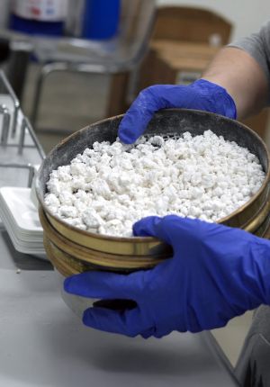 Gloved hands holding a metal sieve filled with clumped white granular material.