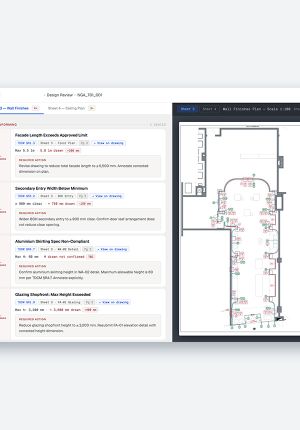 Software interface showing an architectural design review, with a list of flagged compliance issues and required actions on the left and an annotated floor plan drawing on the right.